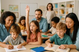A group of parents and children learning together in a bright classroom with adults guiding kids working on educational activities.