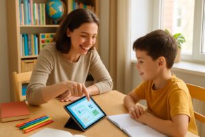 A parent and child working together at a desk with educational materials in a bright, cozy room.