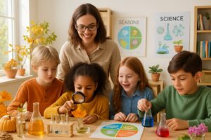 Children and an adult conducting seasonal science experiments together at a table filled with scientific materials in a bright homeschooling setting.
