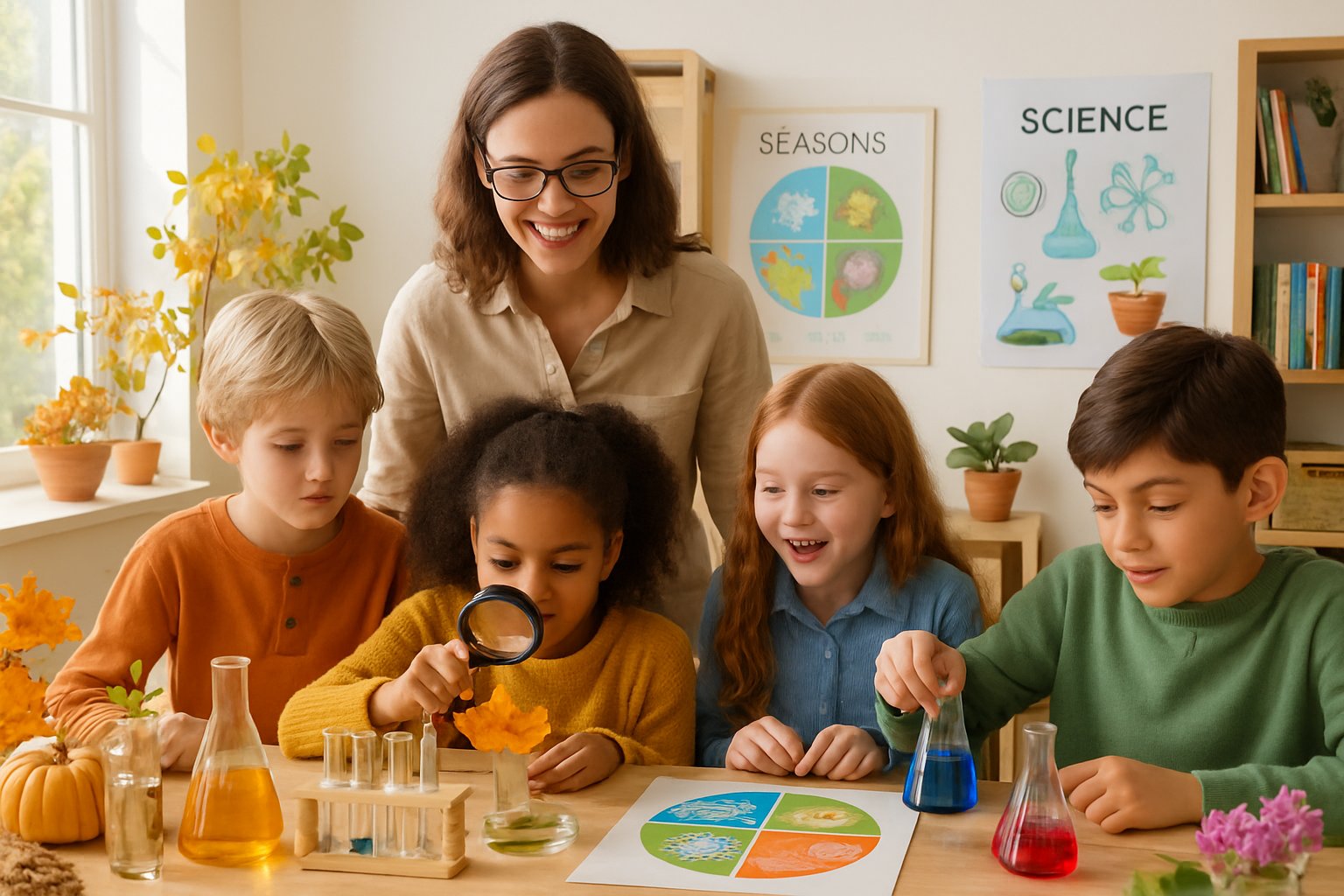 Children and an adult conducting seasonal science experiments together at a table filled with scientific materials in a bright homeschooling setting.