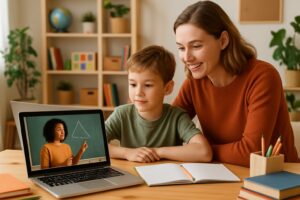 A parent and child watching an educational video on a laptop together in a cozy homeschooling setting with books and learning materials on the table.