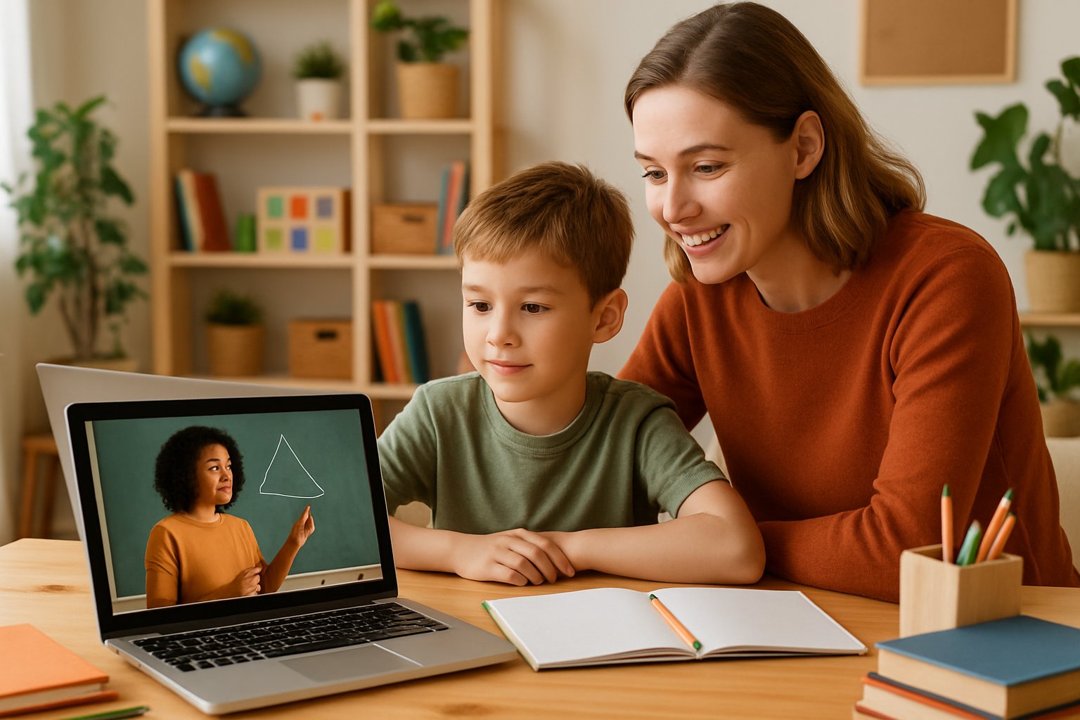 A parent and child watching an educational video on a laptop together in a cozy homeschooling setting with books and learning materials on the table.