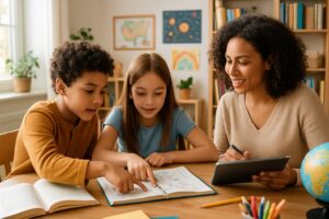 A parent and two children sitting at a table planning a homeschool curriculum together in a bright, cozy room filled with books and educational materials.