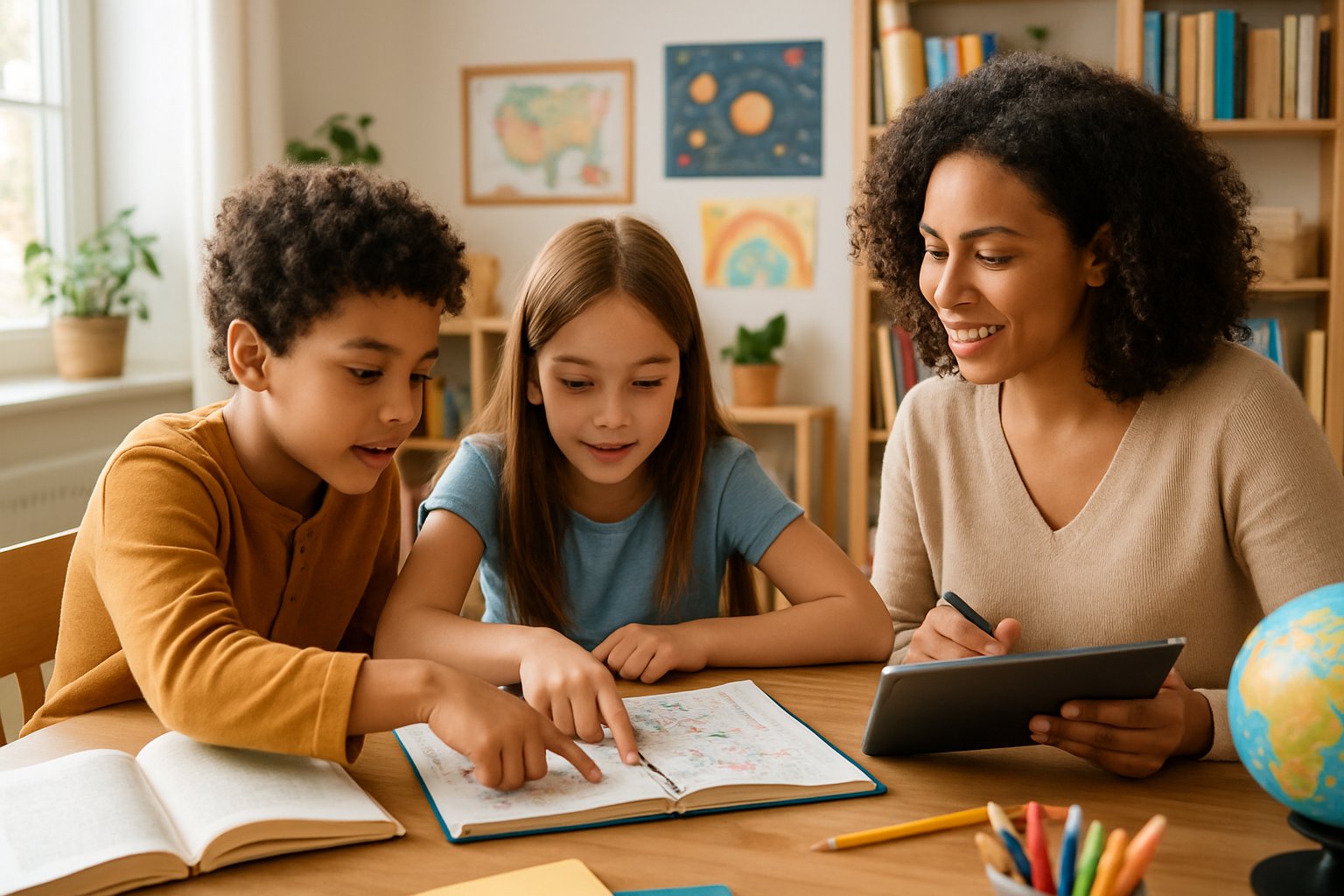 A parent and two children sitting at a table planning a homeschool curriculum together in a bright, cozy room filled with books and educational materials.