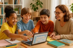 Children and a parent sitting at a table planning a homeschool curriculum together with books, notebooks, and a laptop in a bright home study room.