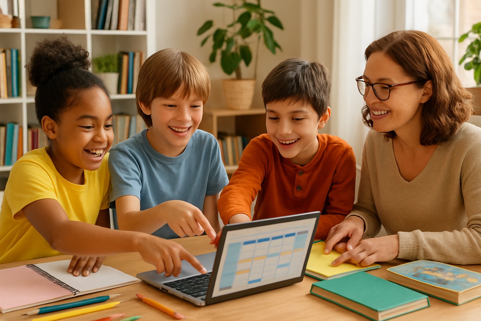 Children and a parent sitting at a table planning a homeschool curriculum together with books, notebooks, and a laptop in a bright home study room.
