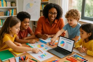 Children and an adult working together at a table to plan a homeschool curriculum, surrounded by books and educational materials in a bright room.