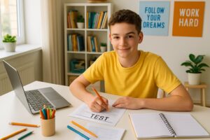 A young student studying at a desk with books and a laptop in a well-lit homeschooling room.