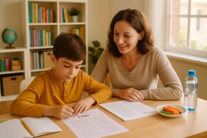 A parent and child working together at a table with study materials in a bright homeschooling room.