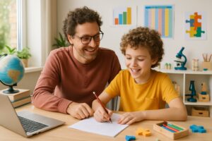 A parent and a child working together on a learning activity in a bright, organized homeschooling space filled with educational materials.
