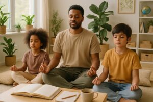 A parent and two children sitting on a rug in a sunlit room practicing mindfulness together with calm expressions.