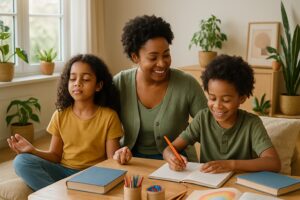 A parent and two children engaged in a calm homeschool lesson at a wooden table with plants and natural light, one child practicing mindfulness.