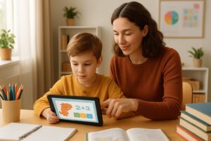 Parent and child sitting at a table using a tablet together in a bright homeschool learning space with books and educational materials around them.