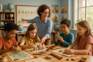Children and a teacher engaged in hands-on history activities around a table with historical artifacts and models in a bright classroom.