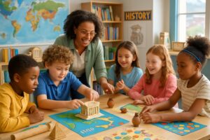 Children and a teacher collaborating on hands-on history projects and games around a table in a classroom.