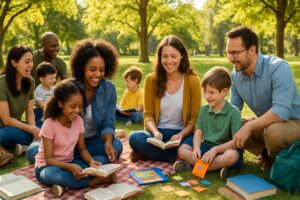 A group of homeschool families with parents and children gathered outdoors in a park, talking and sharing educational activities together.