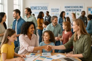 A group of homeschool families interacting and connecting at a conference event with tables of educational materials.