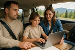 A family inside a car with a parent helping a child use a tablet for homeschooling while traveling.