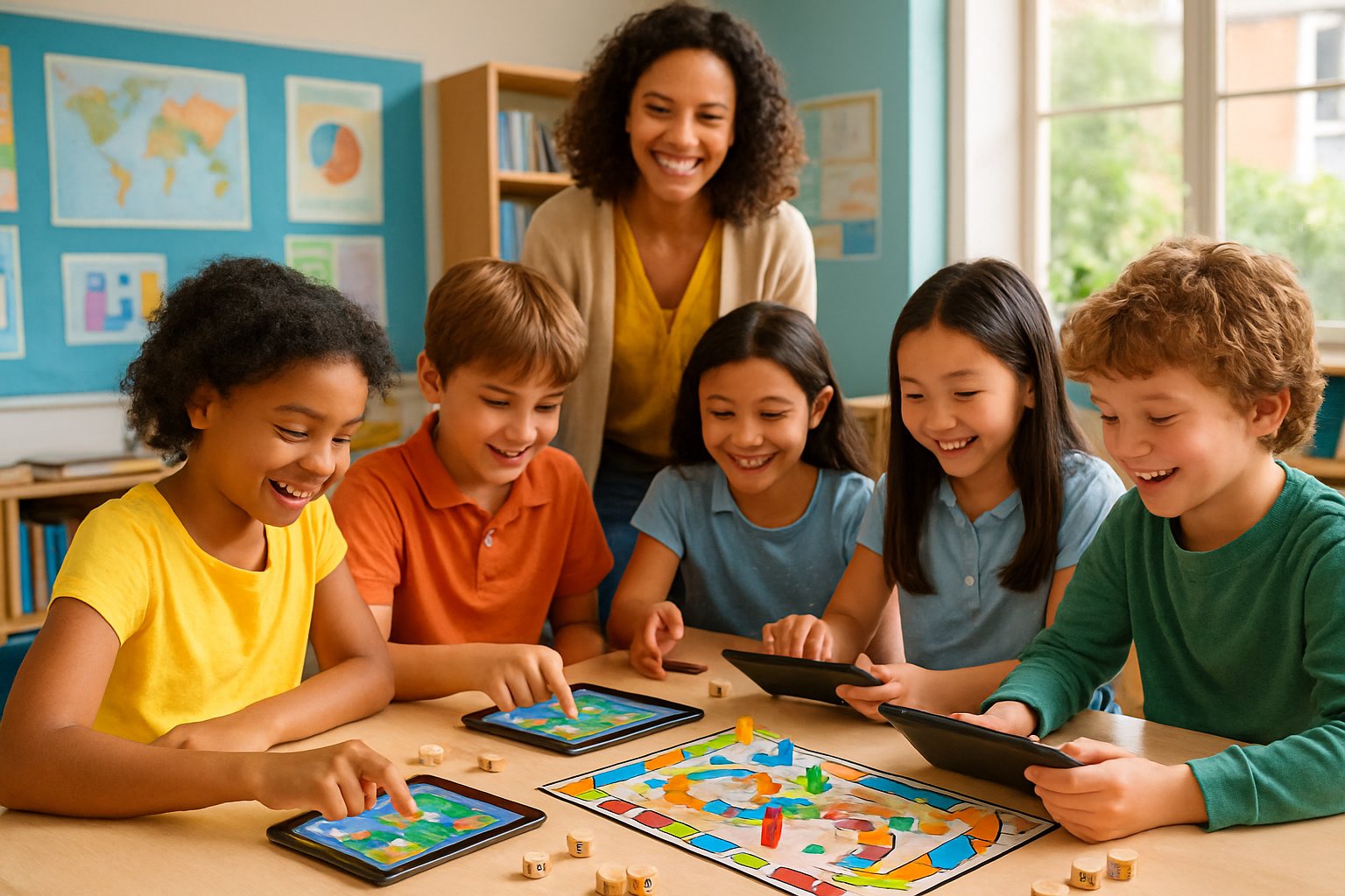 Children and a teacher engaging with educational games and tablets around a table in a bright classroom.