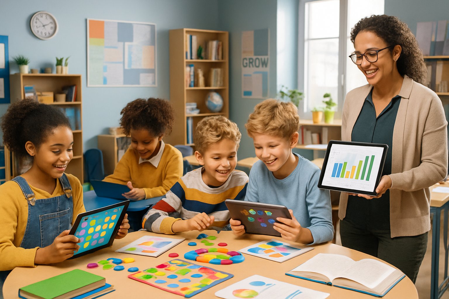Children playing educational games on tablets in a classroom while a teacher guides them, showing a supportive learning environment.