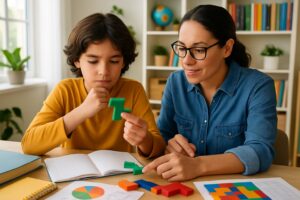 A parent and child working together on a puzzle at a table in a bright homeschooling space filled with books and educational materials.