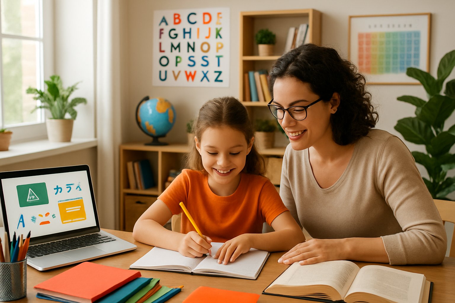 A parent and child learning together at a table with books and a laptop in a bright home classroom.
