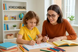 A parent and child working together on a learning activity at a table in a bright, cozy home classroom.