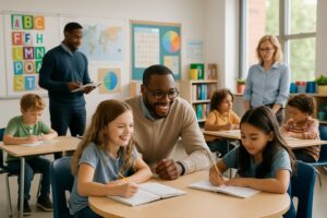 A teacher giving individual attention to a small group of students in a bright classroom while other students work independently.
