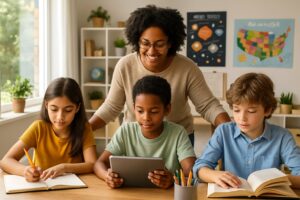 Three children studying together at a table in a bright home classroom with an adult helping them.