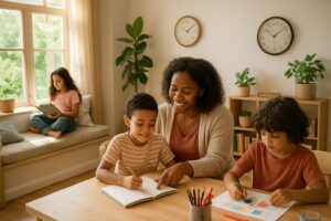 A family in a bright home learning space with children engaged in reading and art activities while a parent guides them.