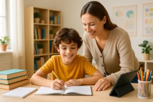 A child studying at a desk with a parent helping in a bright, organized home learning space.