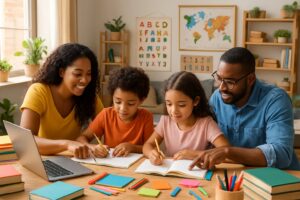 A family of four homeschooling together at a table with books and a laptop in a bright room.