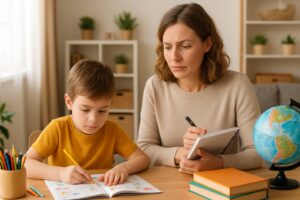 A parent and child working together at a table with educational materials in a bright home setting.