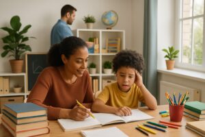 A family homeschooling their young children at a table with books and school supplies in a bright room.