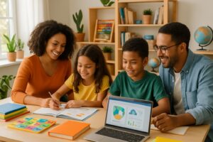 A family of four homeschooling together at a table with books and a laptop in a bright, cozy room.