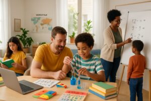 A diverse family homeschooling scene with children and adults learning together in a bright room filled with books and educational materials.