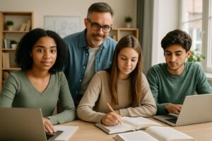 A group of homeschooled students studying together with an adult mentor in a bright home learning environment.