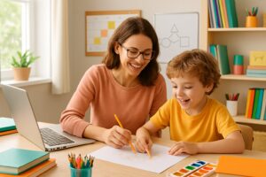 A parent and child working together on a homeschooling activity at a tidy desk filled with books and supplies in a well-lit room.