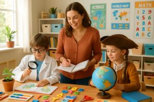 A parent and two children engaged in themed homeschool activities at a table filled with educational materials in a bright classroom.