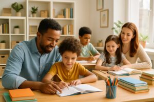 Parents and children learning together at a table in a bright, organized homeschool setting with books and educational materials.
