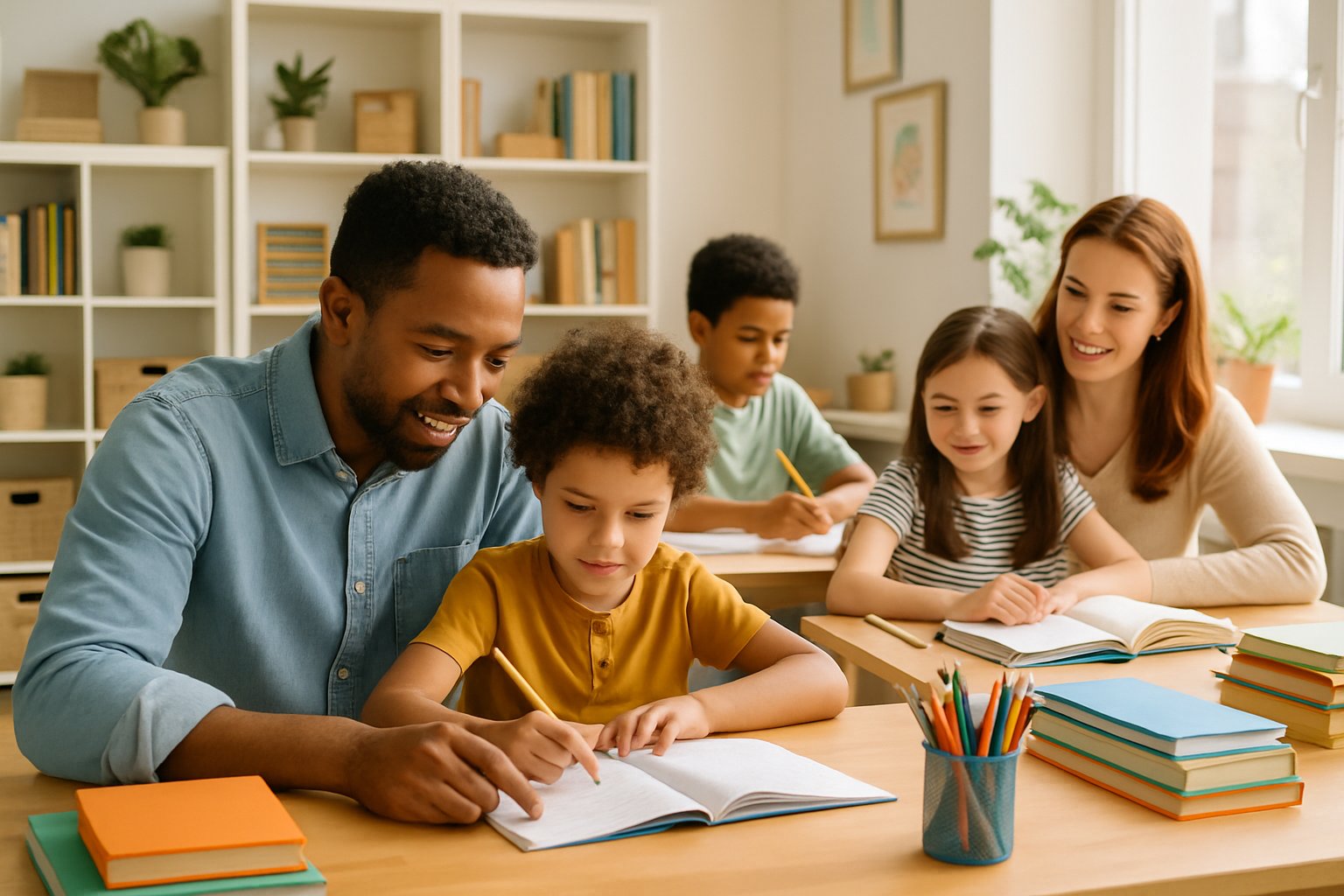 Parents and children learning together at a table in a bright, organized homeschool setting with books and educational materials.