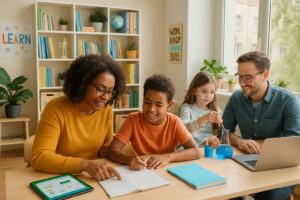 A family learning together at home with children and parents engaged in educational activities in a bright, organized room.