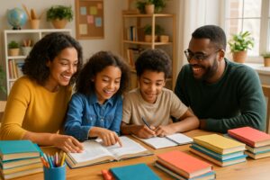 A family of four gathered around a table with books and notebooks, engaged in a homeschooling activity in a bright, organized room.