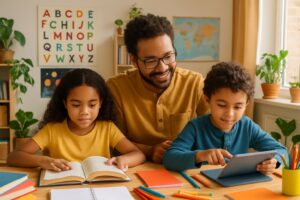A family homeschooling together at a table with books, tablets, and art supplies in a bright room.