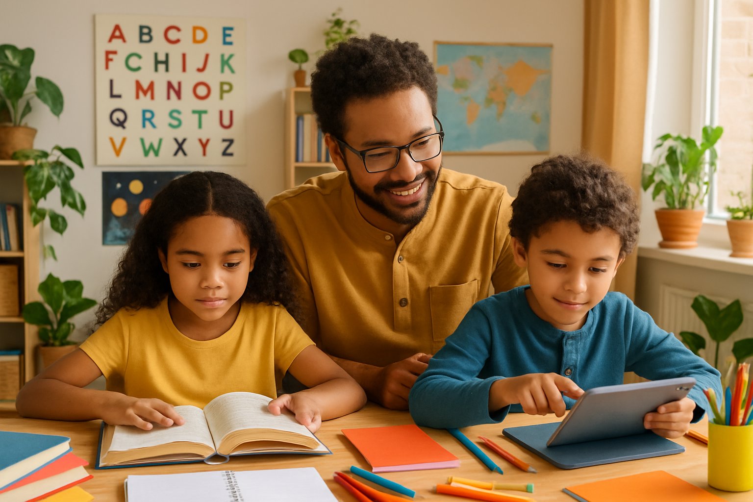 A family homeschooling together at a table with books, tablets, and art supplies in a bright room.