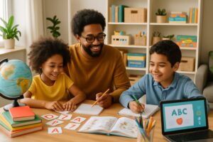A family homeschooling at a table with books, flashcards, a globe, and a laptop in a bright, organized room.