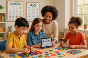 Children and a parent engaged in hands-on math activities in a bright homeschool learning space.
