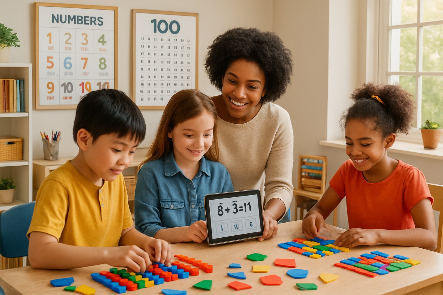 Children and a parent engaged in hands-on math activities in a bright homeschool learning space.