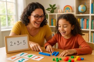 A parent and child sitting at a table doing a fun math activity together in a bright homeschooling room.