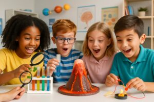 Children engaged in hands-on science experiments with colorful materials, showing curiosity and excitement in a bright learning environment.